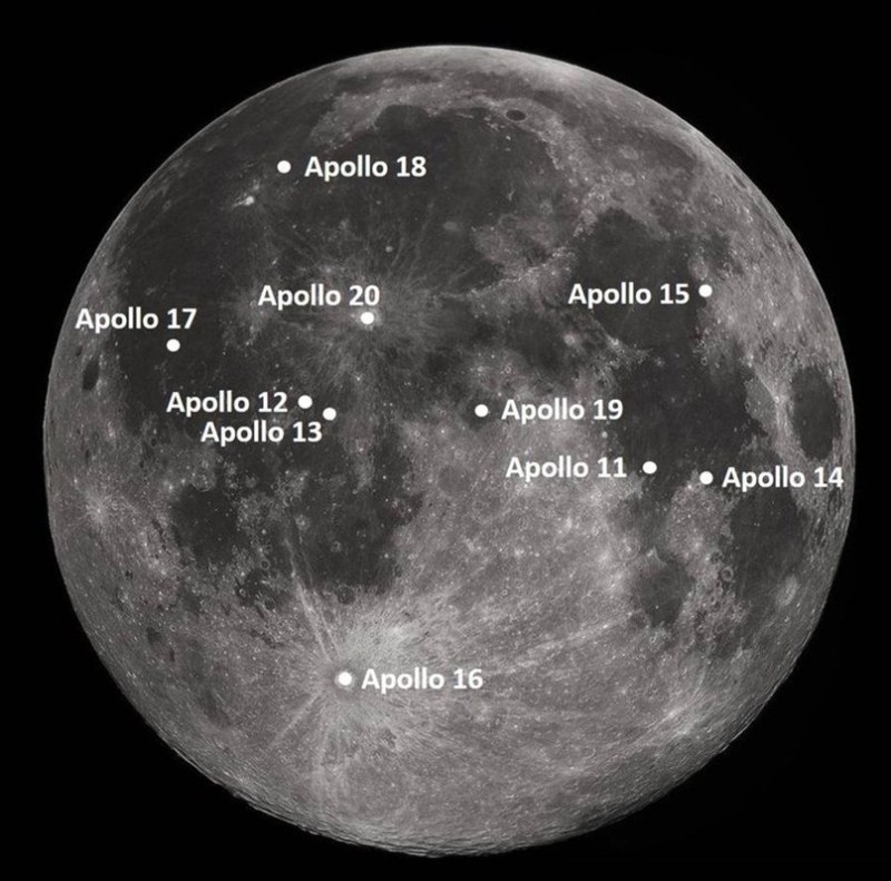 Места прилунения посадочных аппаратов программы Apollo
